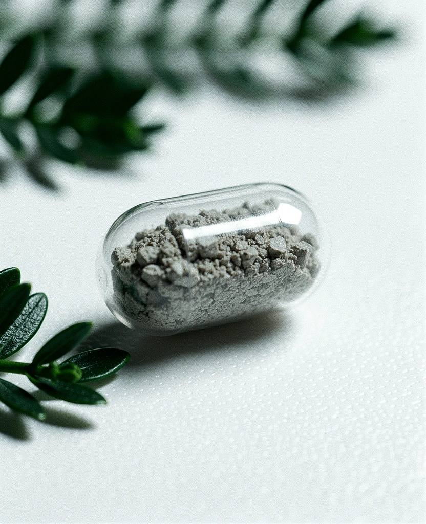 Precision vitamin capsule on pharmaceutical porcelain